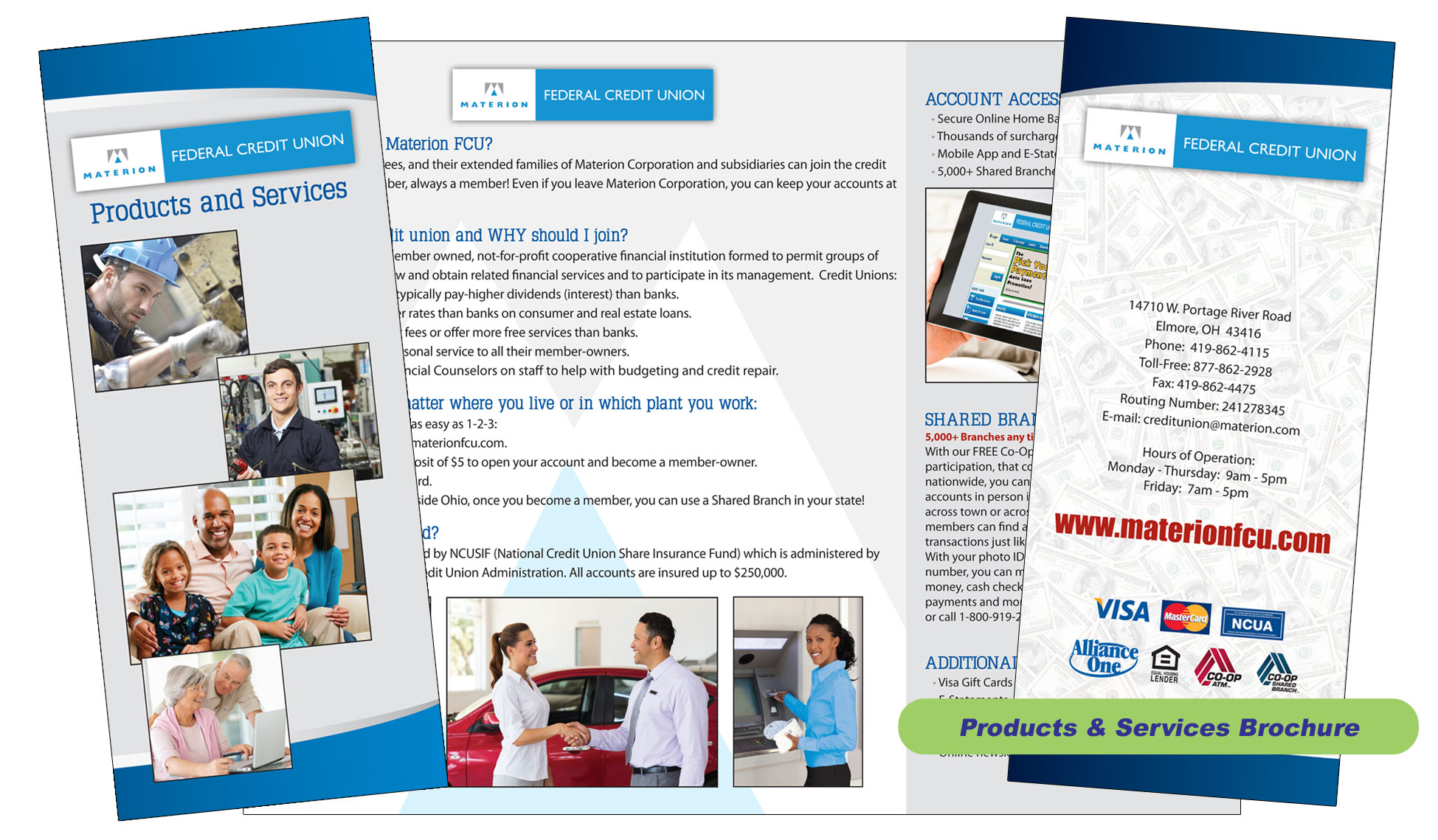 A brochure with multiple images of people and a tablet.