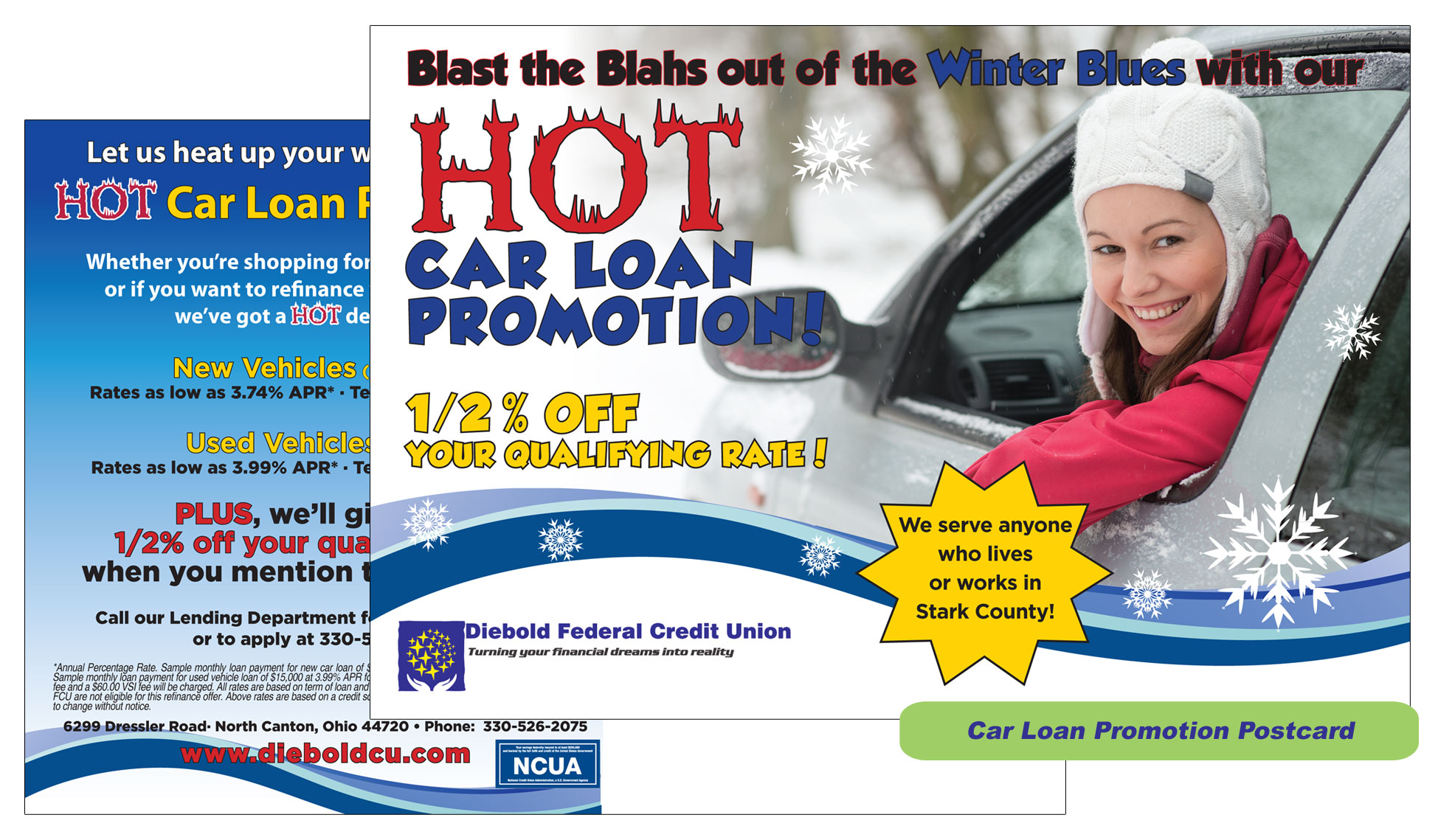 A car loan promotion flyer with a child in the back seat.