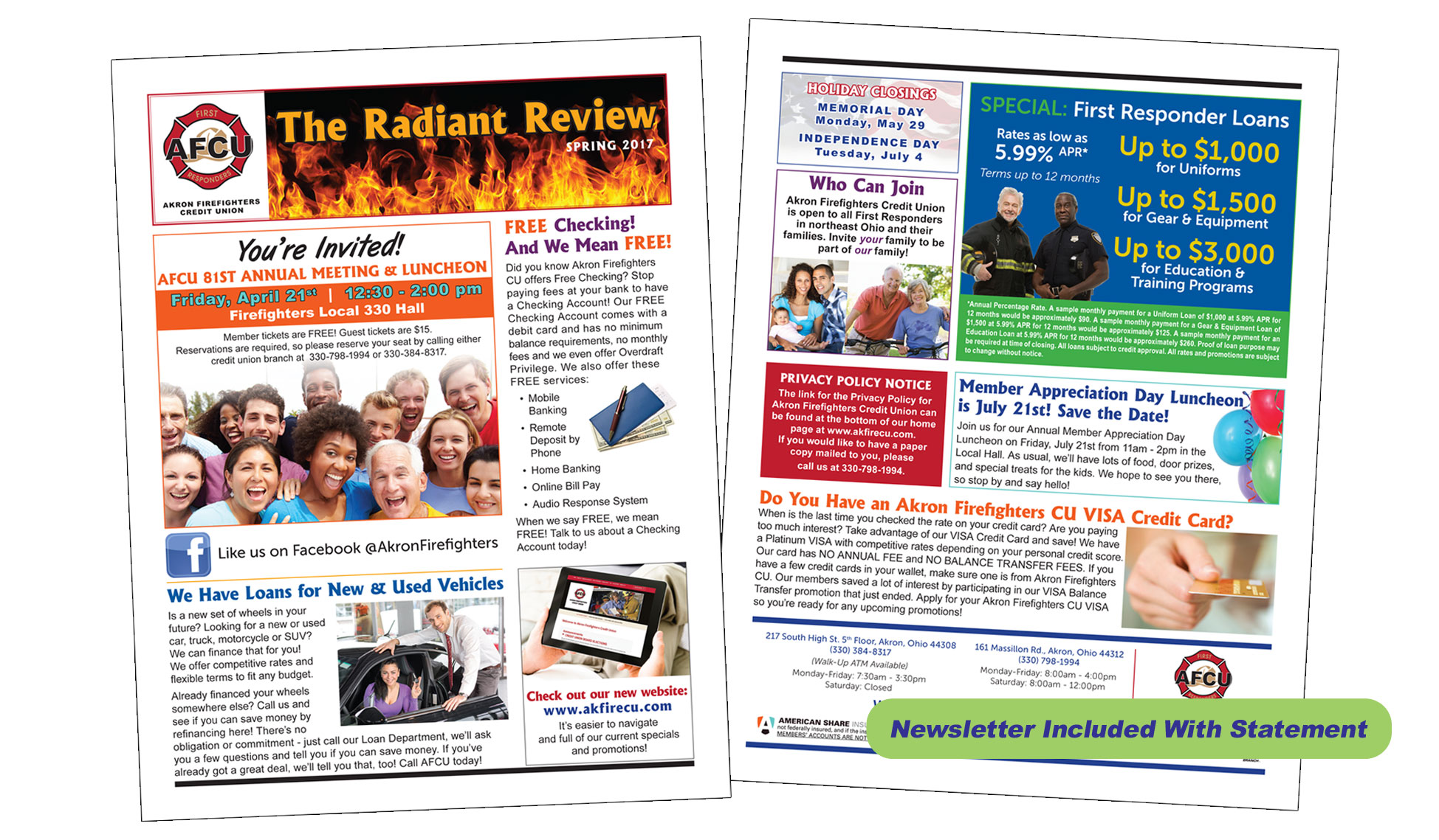 Two newsletters with a fire and people in the background.